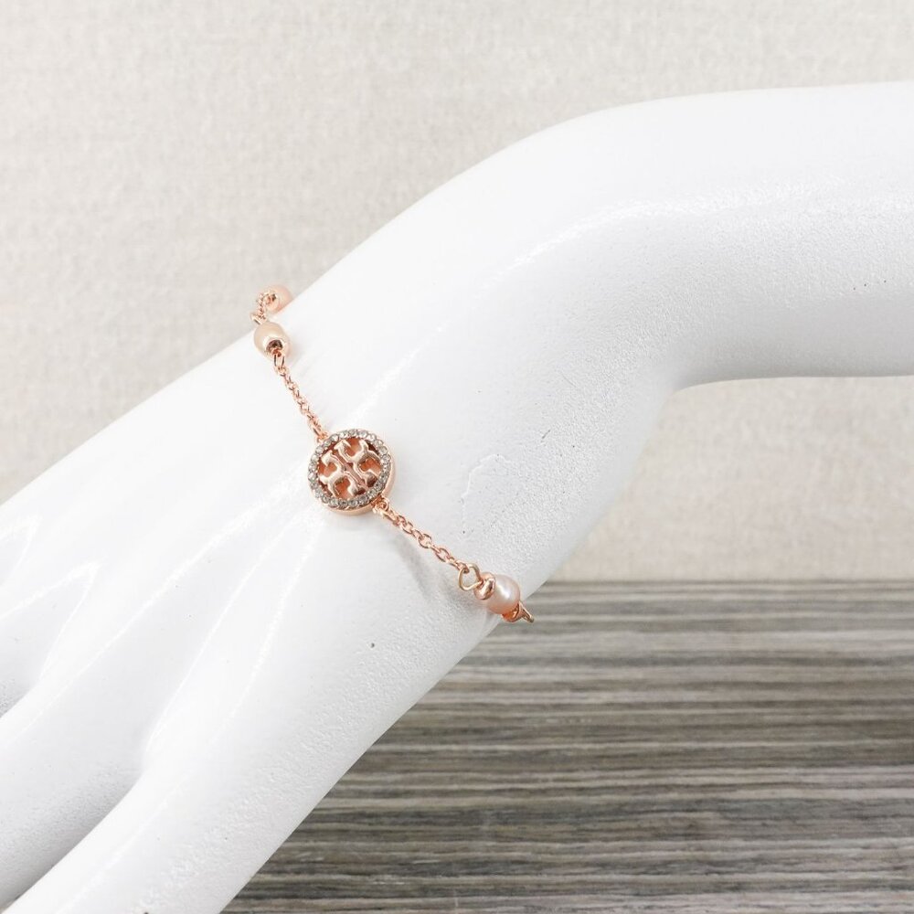 Tory Burch Miller Pave Logo Cultured Pearls Bracelet Rose Gold OS - Picture 8 of 12